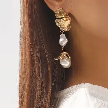 AENSOA Реколта цветя Дългите перлени метални обеци-капки за жени, Корейската мода, нередовна перлени обеци за Младоженци, сватбена декорация