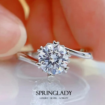 SpringLady Годежен пръстен от масивно сребро 925 проба, 6 ноктите, 1 карата, блестящ кръг циркон, бижута за жени годеж