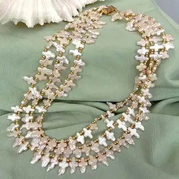 Бижута от перли във формата на разпятие KKGEM Religon, 3 направления, 8x14 мм, колие от култивирани бели перли