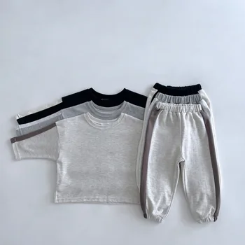 Комплекти детски дрехи унисекс в корейски стил в контрастен цвят, блузи в стил мозайка, пуловер с дълъг ръкав, панталони, комплект от 2 теми за момичета и момчета