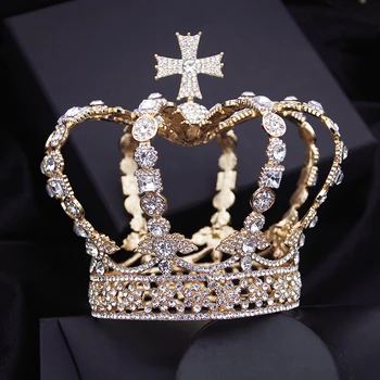 Корона с кръст в стил барок, златни на цвят, диадема за Младоженци, Сватбена парти, абитуриентски вечер, бижута