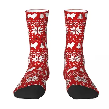 Червени и бели чорапи с шарени самоедской кучета, чорапи за коледните празници, чорапи, дълги чорапи за мъже, подарък за жена за рожден ден
