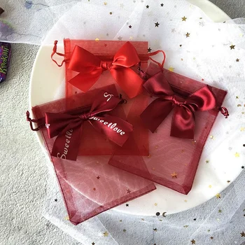 10 бр./лот Подаръчни торбички от органза с лък от съвсем малък, Многоразмерная опаковка за бонбони, Мрежести торбички, цветна организаторите за съхранение на бижута на Едро