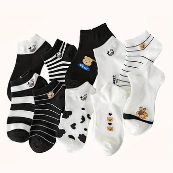 10 Чифта чорапи с принтом крави За жени, Летни памучни чорапи до глезена, с къси рисунки на анимационни филми, Сладки дишащи чорапи за момичета