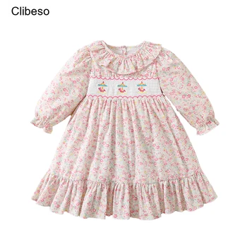 2023 Clibeso Принцеса Рокля с цветен модел за момичета, Детски Реколта рокли с бродерии от ръчно изработени Бутикови рокли с миризмата, Детска есен облекло
