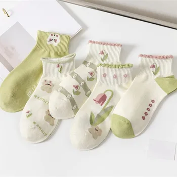 3 чифта Нови пролетно-летни зелени чорапи с цветя модел за момичета, памучни дишащи дамски чорапи с цветя модел, летни тънки къси чорапи