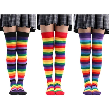 3 чифта разноцветни чорапи за момичета, с преливащи се цветове чорапи в ивица до коляното с висока шнорхел