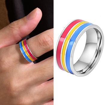 8 мм Модно 8 Цвята Преливащи пръстен на пръста от неръждаема стомана за ЛГБТК Мъже Жени Мъжки Унисекс Гей Лесби Тенденция на бижута на Едро