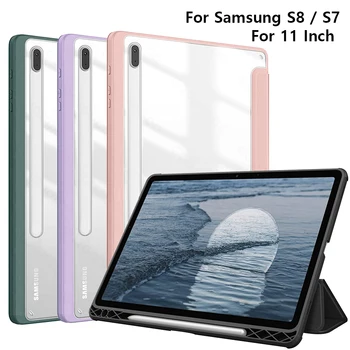GOOJODOQ за Samsung Galaxy Tab S8/Tab S7 11 Инча SM-X700/X706/T870/T875/T878 с притежателя на S Pen Smart Cover Прозрачна делото