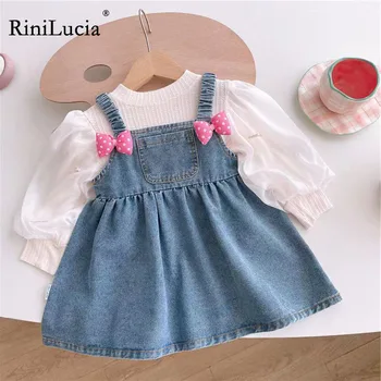 RiniLucia/ Сладък дрехи за момичета, на Новост на есента, 2023, Детски дрехи, Обикновена риза с дълъг ръкав за момичета, Джинсовое рокля, комплект от 2 теми, Детски комплект