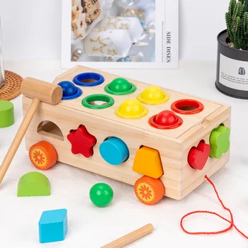 Детска дървена количка за ранно обучение, играчка кола-пъзел, цвят и форма, които отговарят на когнитивному строителния блок, играчка количка.