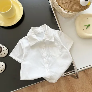 Детска однотонная риза 2023 г., Лятна Бял памучен тънка тениска за момчета и момичета с къс ръкав, Нова мода ежедневни проста риза