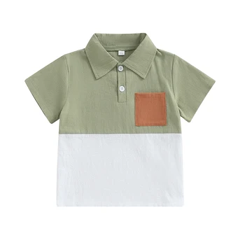 Детска тениска за момчета, риза с къс ръкав и яка в контрастен цвят, летни блузи за всеки ден