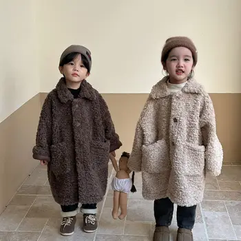 Детско палто от изкуствена кожа за момчета и момичета, утепленная Дълго яке от цели кожа, есен-зима, топло палто за малки деца, горно облекло