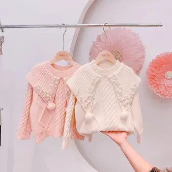 Есен-зима 2023, Детски пуловер, пуловер, трикотаж с кръгло деколте за момичета, ученически върхове с перли за момичета 4-12 години