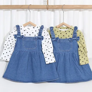 Есенен комплект за момичета 2023 година, долната риза на точки и джинсовое рокля, комплект от две части за детски дрехи на едро