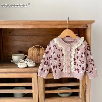 Есенна мода 2023 г., вязаный жилетка с дантелен завършек за деца, пуловер с цветна бродерия -Палто за новородени бебета от 0 до 3 години