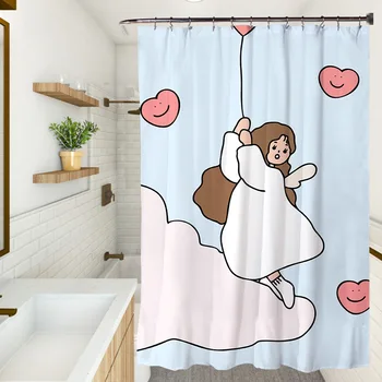 Завеса за душ с анимационни едно момиче в модерен минималистичен естетичен декор за баня, параван за баня от водоустойчив полиестер с куки