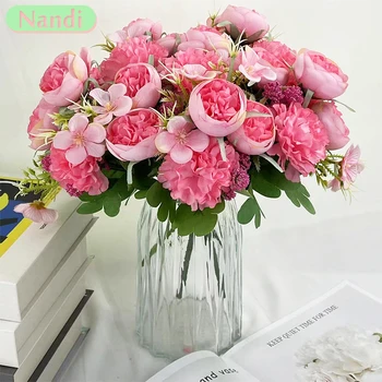 Изкуствена Нова роза, имитация на розово на коприната божур, букет изкуствени цветя, подходящ за семейна маса, сватбена украса със собствените си ръце