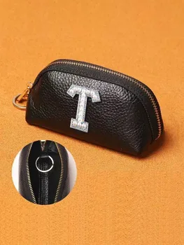 Индивидуален компактен чантата си за ключовете от изкуствена кожа - идеален за автомобили и ключове от дома, персонализиран интериор с името на клиента, на златна чиния с прозрачен