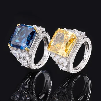 Класическо 14*14 мм Синьо-Жълто Квадратно Пръстен С Высокоуглеродистым диамантен пръстен За Жени От 925 Сребро, Луксозни Бижута, Обручальный Сватбен Подарък