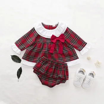 Комплекти коледно облекло за новородени момичета 0-18 м, Червени дантелени блузи в клетка с лък, Панталони с рюшами, 2 броя, Коледни костюми 2023