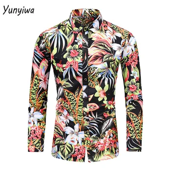 Модерна риза с цветен модел, мъжки есенна ежедневни риза с Гавайским принтом, големи размери, Ризи с дълъг ръкав за почивка, мъжки дрехи 7XL