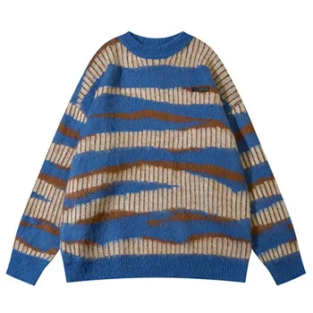 Мохеровый шарени мъжки пуловер, вълнен пуловер с кръгло деколте, хип-хоп Харадзюку вязаный пуловер, големи стари вязаный пуловер, дебели