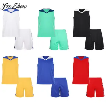 Мъжки быстросохнущий спортен костюм без ръкави, баскетбол тренировъчен костюм, жилетка с V-образно деколте, в цвят блок и шорти на съвсем малък