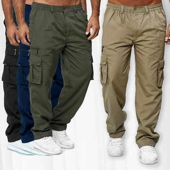 Мъжки Ежедневни Свободни панталони с много джобове, преки работни панталони с тръби, улични панталони, обикновена спортни панталони за фитнес, облекло копчета със средна талия