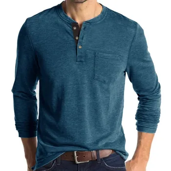 Мъжки Тениски с яка и дълги ръкави, Монофонични Случайни Топ, Однобортная тениска с джоб, Мека Удобна Долната риза на есен