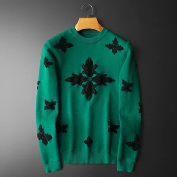 Мъжките пуловери компютърна плетени от вълна Minglu, Есен-зима, Дълъг ръкав, кръгла яка, Жакард Сгъстено мъжки пуловери Голям размер 5XL