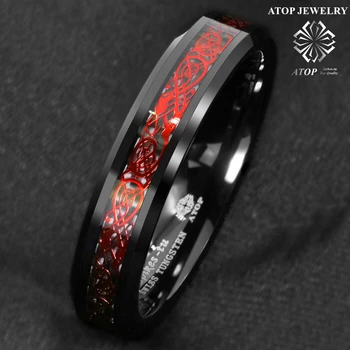 Над 6 мм Мъжки Черно-Червено Вольфрамового пръстен Годежен Келтски Дракон, изработени от въглеродни влакна