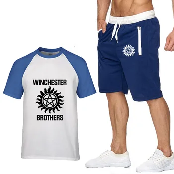 Нова лятна мъжка тениска с принтом Winchester brothers, ежедневни висококачествен памучен мъжка тениска + шорти, костюм от 2 теми C