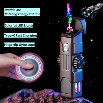 Нова Метална Ветрозащитная Кръстосана Електродъгово Импулс Беспламенная Плазмена USB-Електрическа Запалка, led цветни светлини, Въртящи се на Върха на пръста, Жироскоп, Мъжки подарък