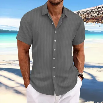 Нова мъжка риза, модни тениски в ивица с къс ръкав, Лятна бельо риза, Мъжки ежедневни блуза с отложным яка и копчета, мъжки дрехи