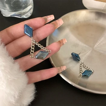 Нови дизайнерски обеци-верига със синьо цирконием за дамска мода, висококачествени леки луксозни вечерни обеци с геометрични кристали, подаръци