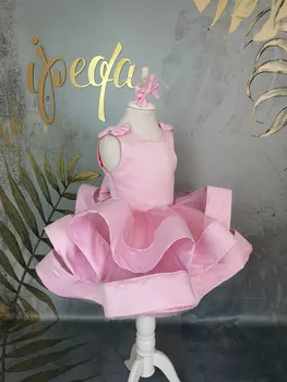 Прекрасен Розов облекло за рожден Ден за вашето дете, на много Нива рокля за Първо Причастие за момичета от тюл с кръгло деколте, Коледна рокля на Принцеса с лък в главата
