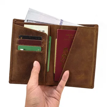 Пътен чантата си, корици за паспорти с притежателя на кредитна ID-карта, кожен Ретро туристически бизнес портфейл Crazy Horse
