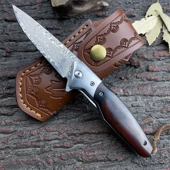Сгъваем Нож с острие от дамасской стомана VG10, дръжка от палисандрово дърво, кожени сабя, Джобни ножове EDC, Мъжки Подарък за Къмпинг и Риболов на открито
