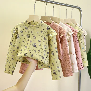 Тениска за момичета, Блузи с флорални принтом за деца, колекция от 2023 г., Есенно-зимна Детска Блуза с дълги ръкави, Oufits за деца, Детски Потници, Облекло