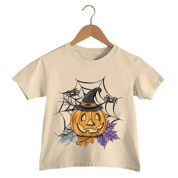 Тениска с изображение на вещици и тиква за момичета, тениски за Хелоуин в ретро стил, забавни модни тениски, летни детски потници, облекло, с анимационни герои за момчета