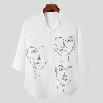 Тениска с изображение на човешко лице, Ежедневни риза с ръкав три четвърти, е черно-бяла Модерна градинска дрехи за младежи, лятна