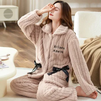 Фланелевый пижамный комплект дамски зимни комплекти от коралов руно, дебела топла домашно облекло, мека Удобна Свободна Ежедневни облекла за сън