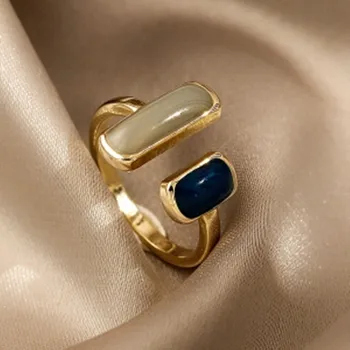 Френското ново ретро квадратно синьо пръстен с капки масло, модни темпераментни дамски бижута с лесно отваряне