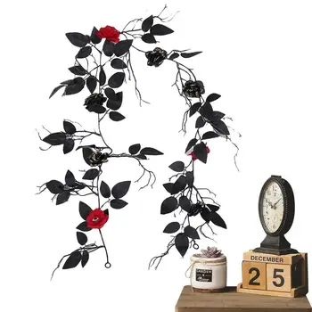 Хелоуин Черна Венец Изкуствени Черни Листа С Червена Роза 5,6 фута Изкуствена Черна Венец Фалшиви САМ Черни Листа За Дома
