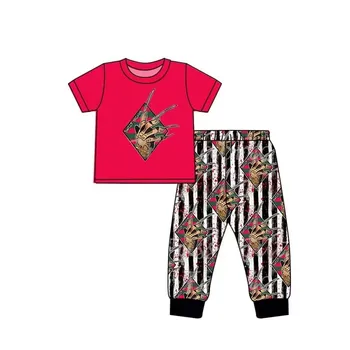 Червена тениска с изображение на манипулатор, Панталони на райета, годишен бутиков костюм за момчета, който може да съчетаете с дрехи за момичета