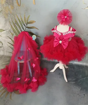 Червено облекло за рожден ден с подвижна влак за малки момичета рокля за абитуриентски бал с 3D пеперуди, вечерни рокли за момичета с лък