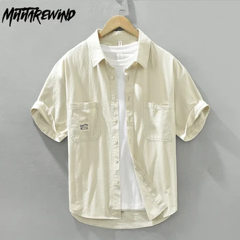 Японската риза-карго за мъже от 100% памук, Ежедневни Свободна однотонная риза с къс ръкав, летни прости универсалните модни блузи за мъже
